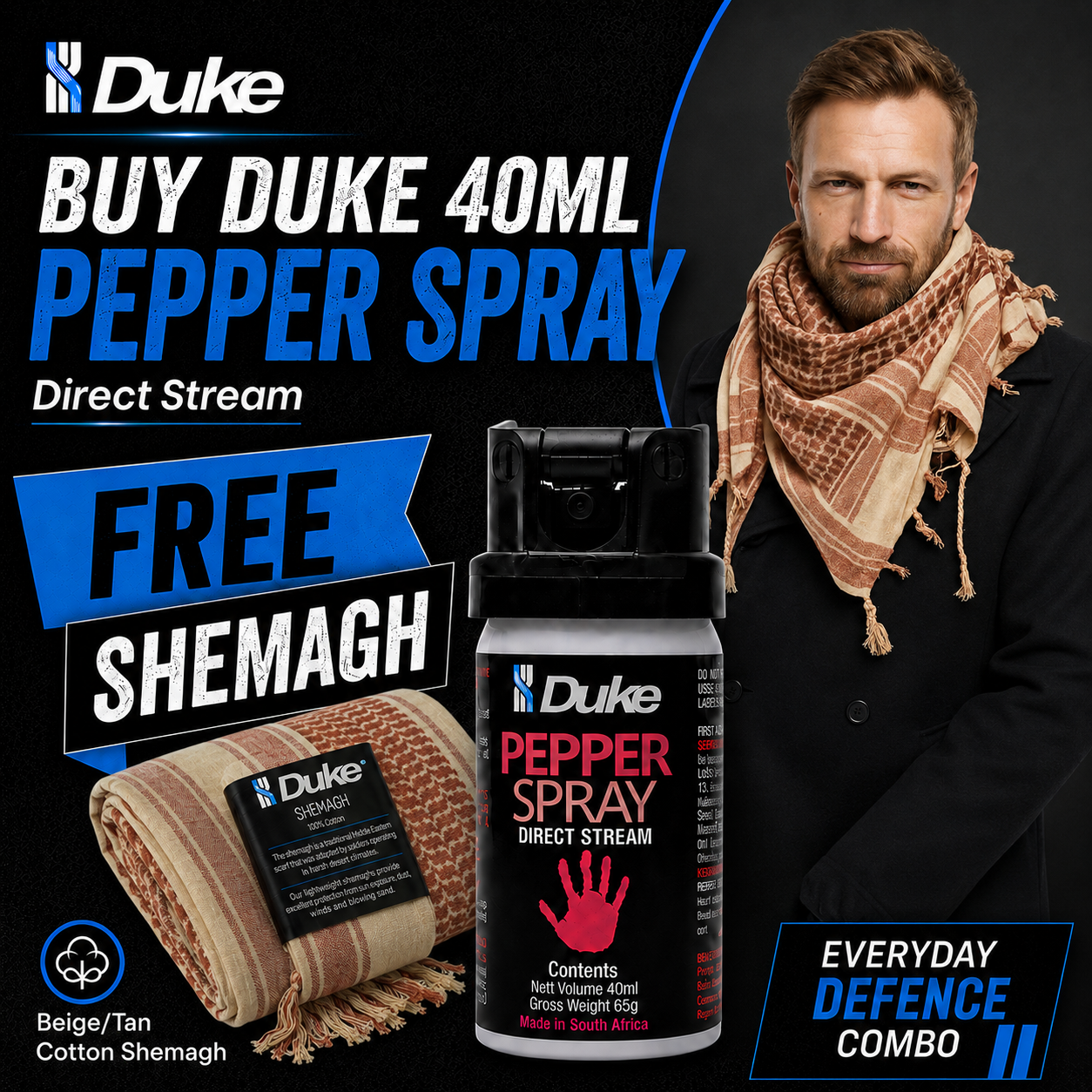 Duke Pepper Spray – 40ml Direct Stream / Duke Cotton Shemagh Beige/Tan COMBO