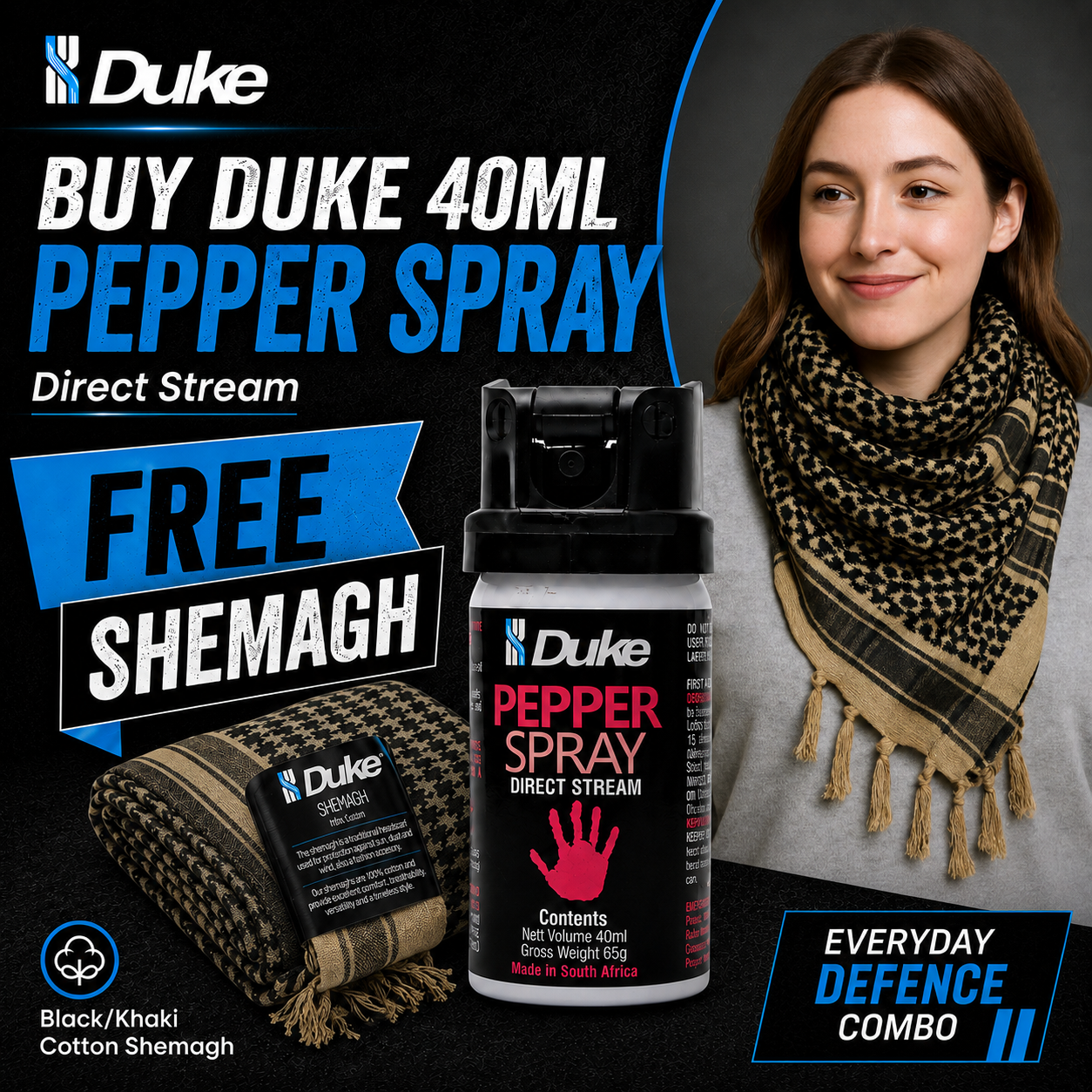 Duke Pepper Spray – 40ml Direct Stream / Duke Cotton Shemagh Black/Khaki COMBO