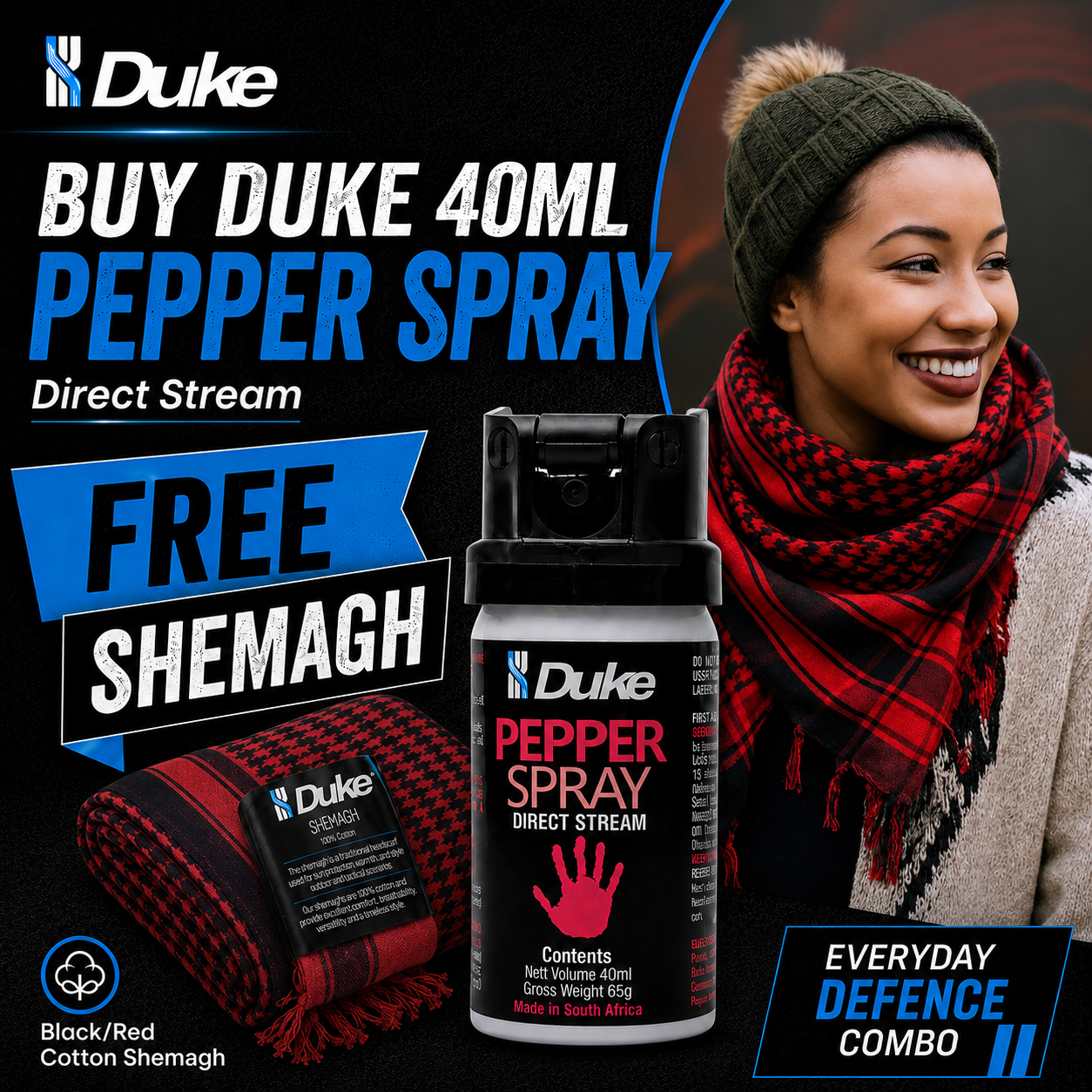 Duke Pepper Spray – 40ml Direct Stream / Duke Cotton Shemagh Black/Red COMBO