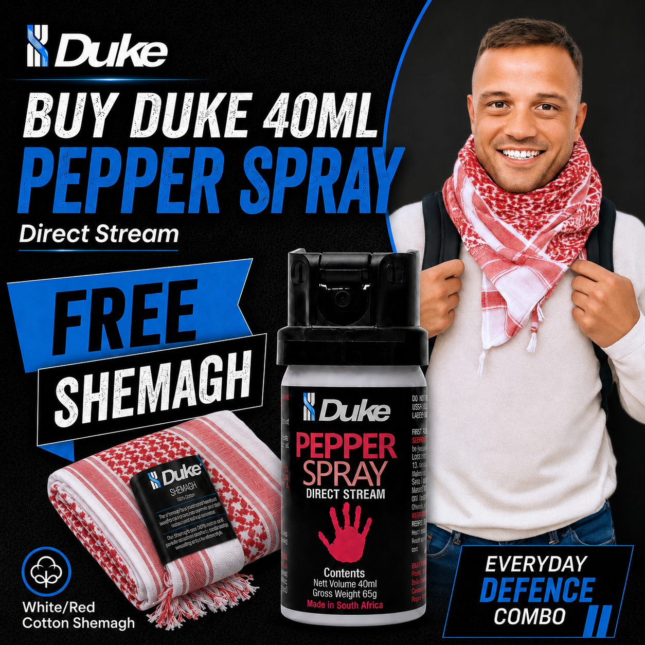 Duke Pepper Spray – 40ml Direct Stream / Duke Cotton Shemagh White/Red COMBO