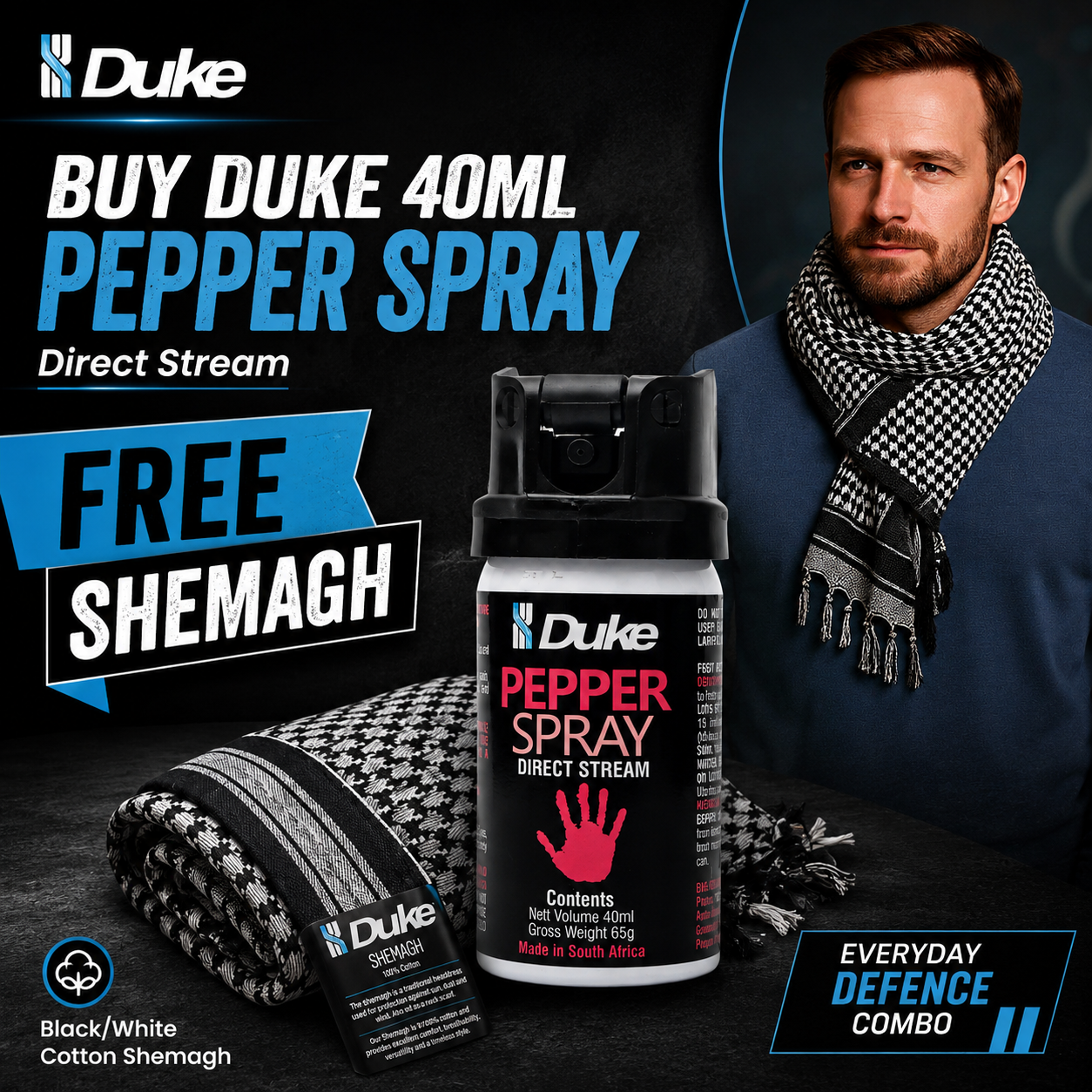 Duke Pepper Spray – 40ml Direct Stream / Duke Cotton Shemagh Black/White COMBO