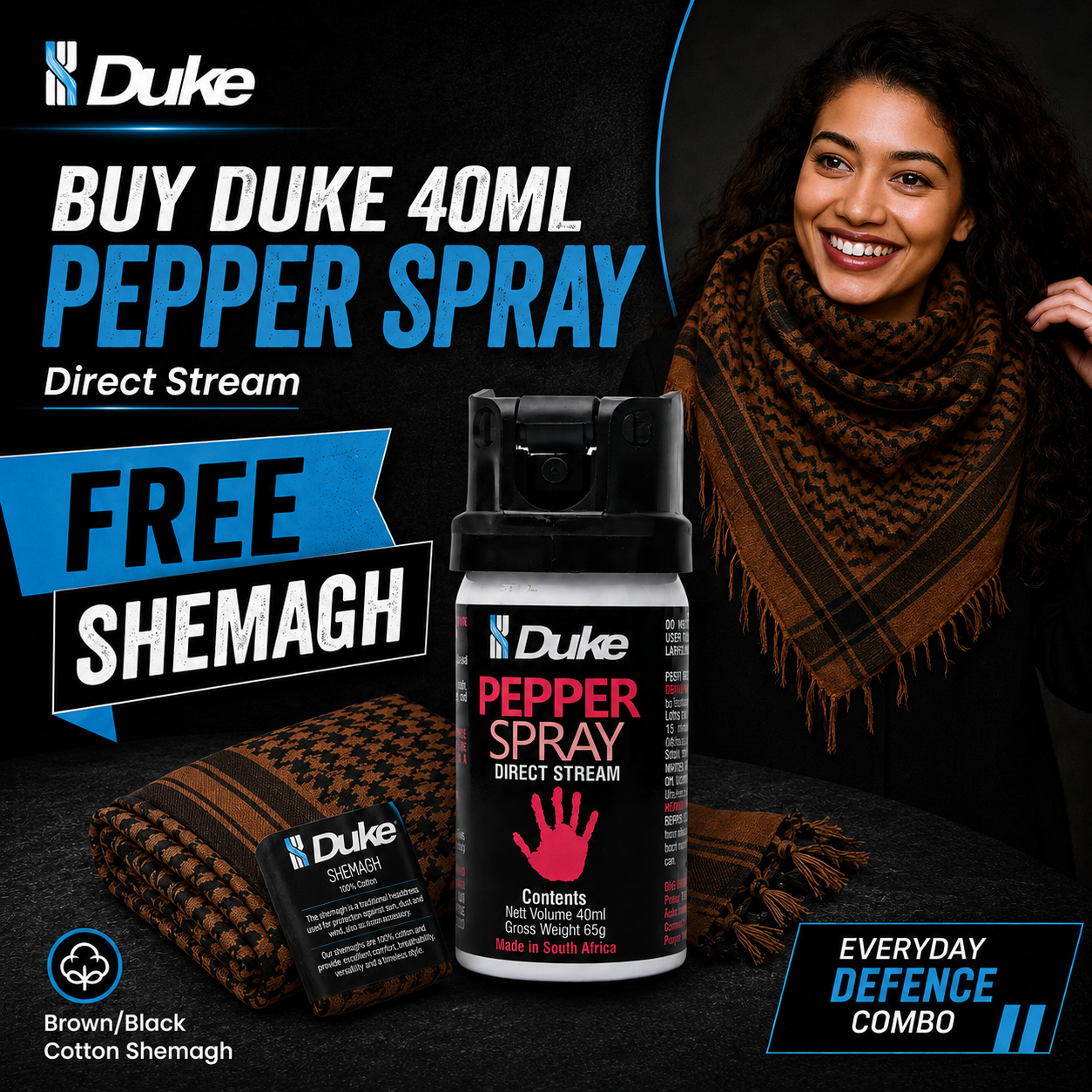 Duke Pepper Spray – 40ml Direct Stream / Duke Cotton Shemagh Black/Brown COMBO