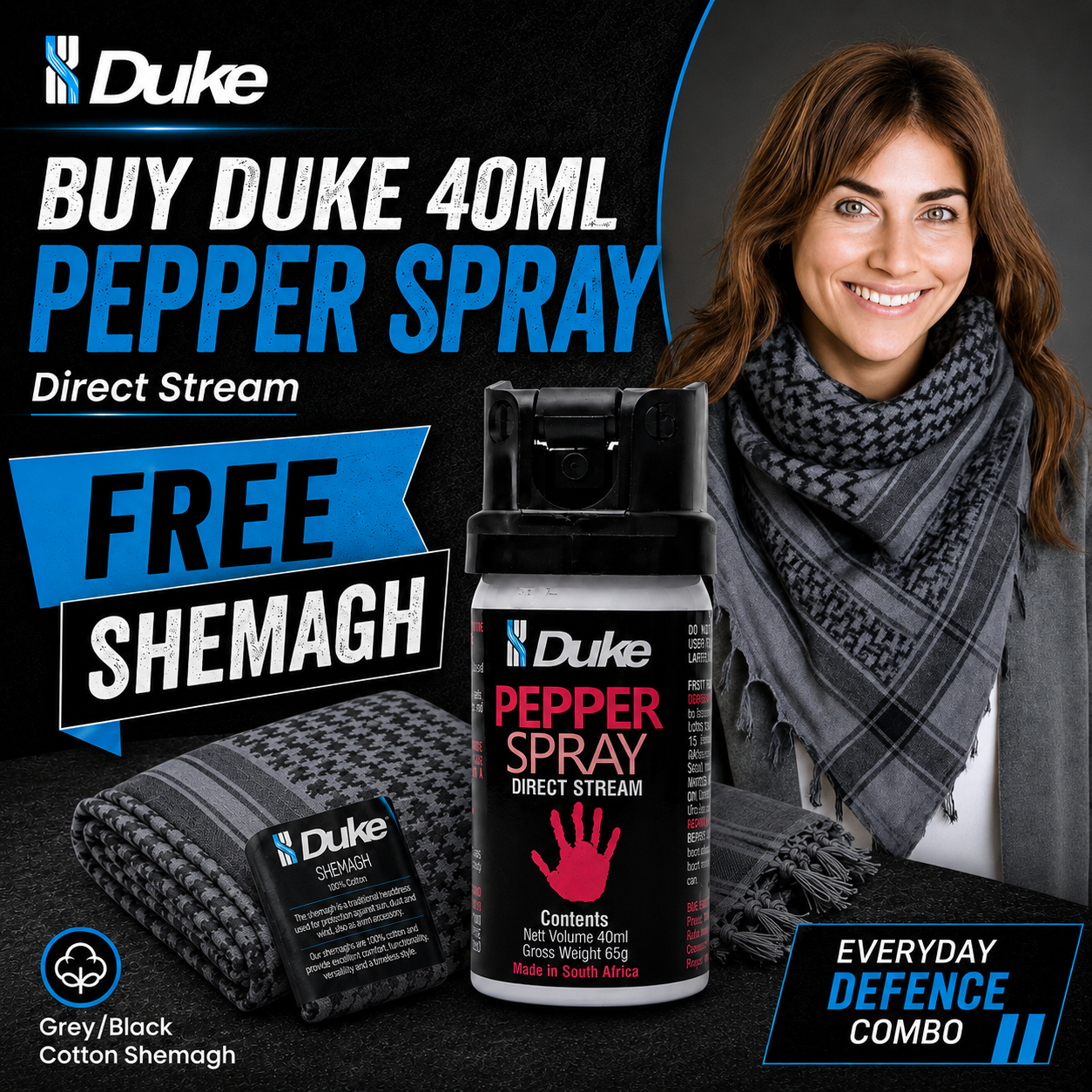Duke Pepper Spray – 40ml Direct Stream / Duke Cotton Shemagh Black/Grey COMBO